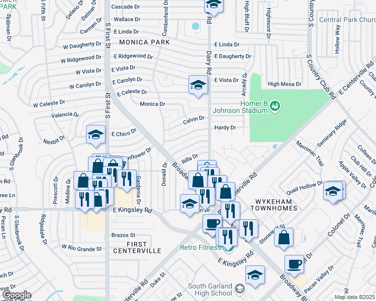 map of restaurants, bars, coffee shops, grocery stores, and more near 606 Donald Drive in Garland