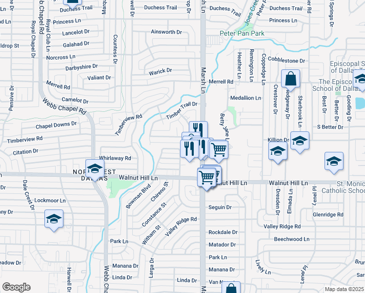 map of restaurants, bars, coffee shops, grocery stores, and more near 3653 Stables Lane in Dallas