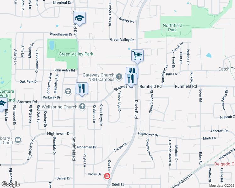 map of restaurants, bars, coffee shops, grocery stores, and more near 7329 Timberidge Drive in Fort Worth