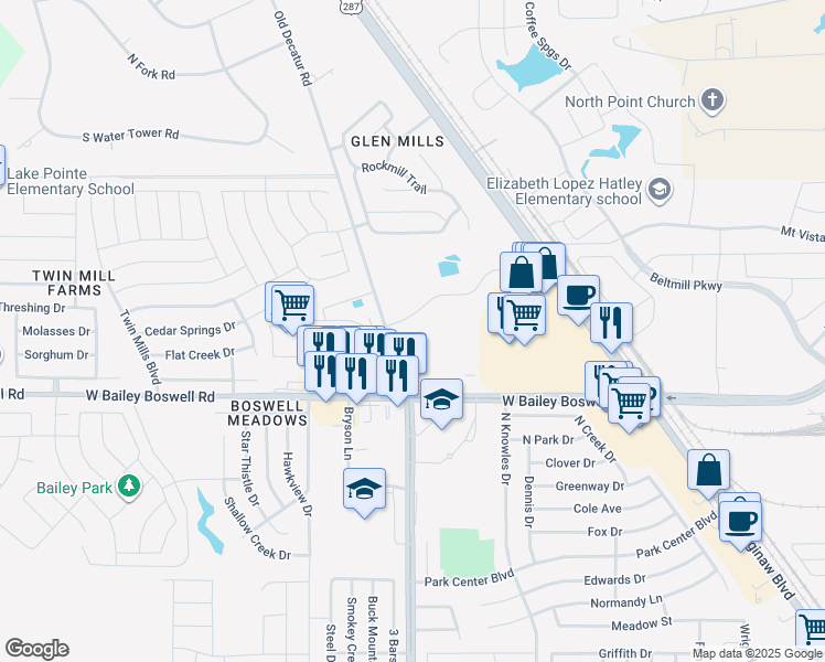 map of restaurants, bars, coffee shops, grocery stores, and more near 701 Saginaw Square Boulevard in Saginaw