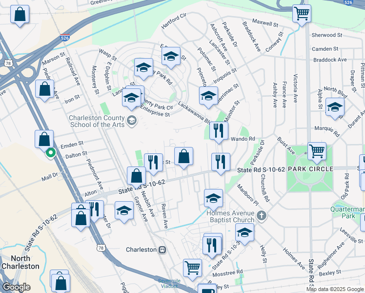 map of restaurants, bars, coffee shops, grocery stores, and more near 4877 Upjohn Road in North Charleston