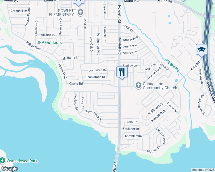 map of restaurants, bars, coffee shops, grocery stores, and more near 3302 Chaha Road in Rowlett