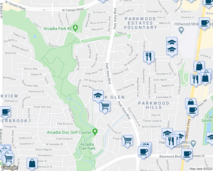map of restaurants, bars, coffee shops, grocery stores, and more near Crazy Horse Lane in Fort Worth