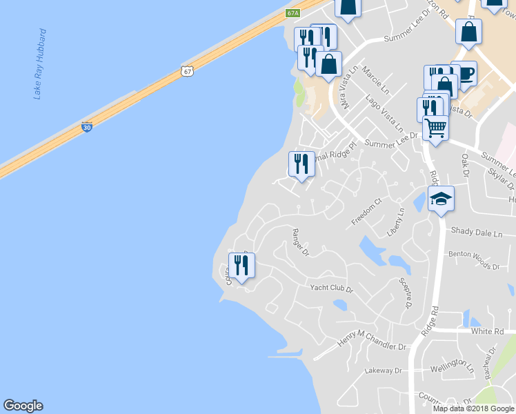 map of restaurants, bars, coffee shops, grocery stores, and more near 5546 Canada Court in Rockwall
