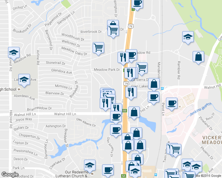 map of restaurants, bars, coffee shops, grocery stores, and more near 7700 Meadow Park Drive in Dallas