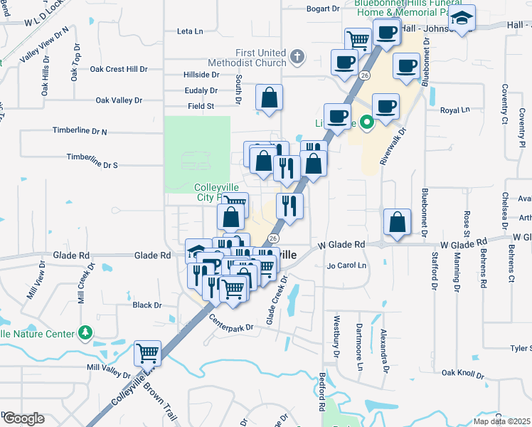 map of restaurants, bars, coffee shops, grocery stores, and more near 37 Village Lane in Colleyville