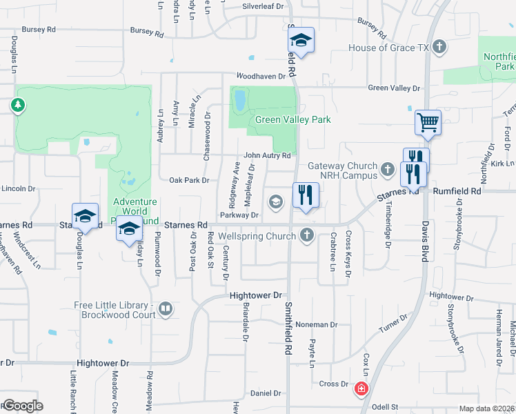 map of restaurants, bars, coffee shops, grocery stores, and more near 7512 Oak Ridge Drive in Fort Worth