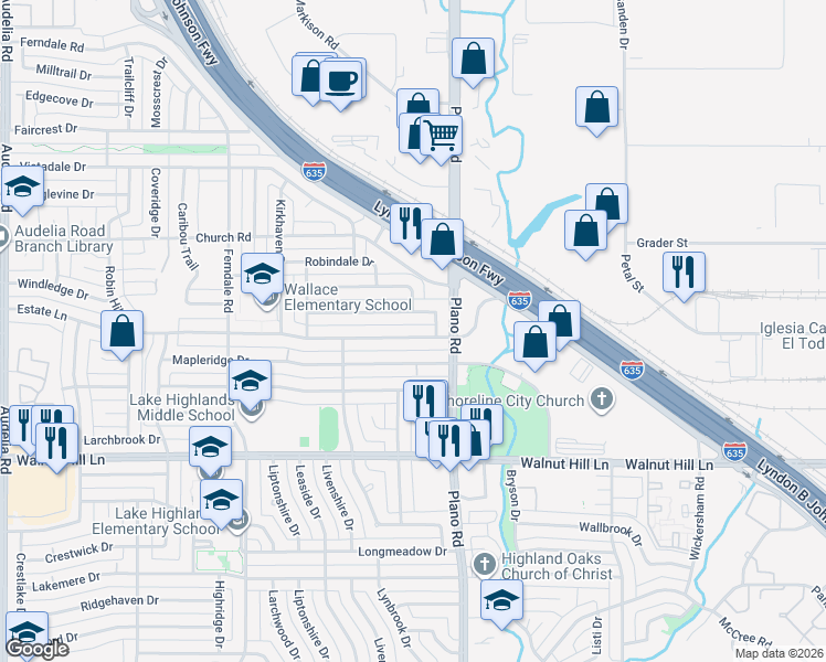 map of restaurants, bars, coffee shops, grocery stores, and more near 10611 Estate Lane in Dallas