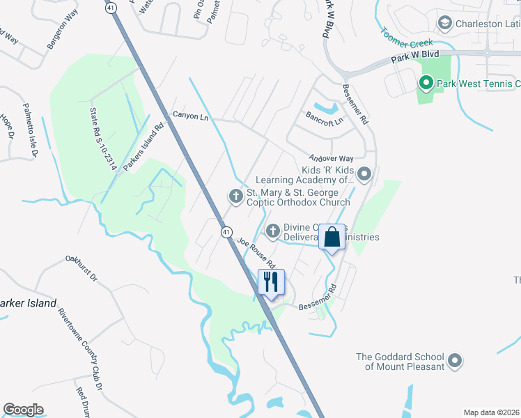 map of restaurants, bars, coffee shops, grocery stores, and more near 2929 Bobo Road in Mount Pleasant