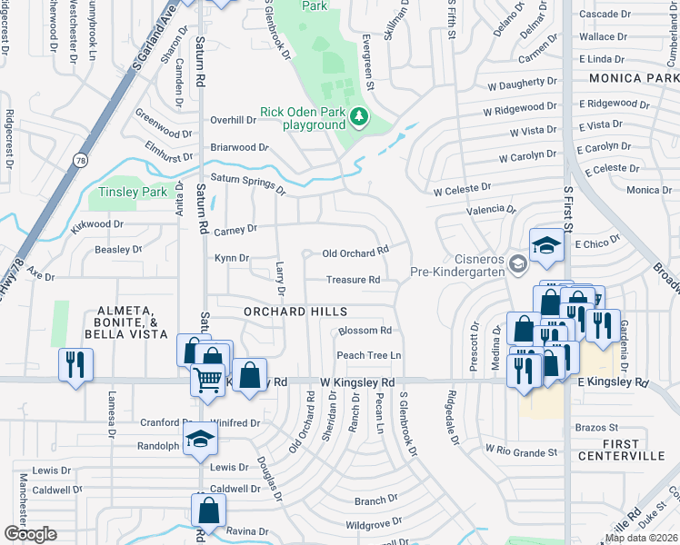 map of restaurants, bars, coffee shops, grocery stores, and more near 937 Treasury Road in Garland