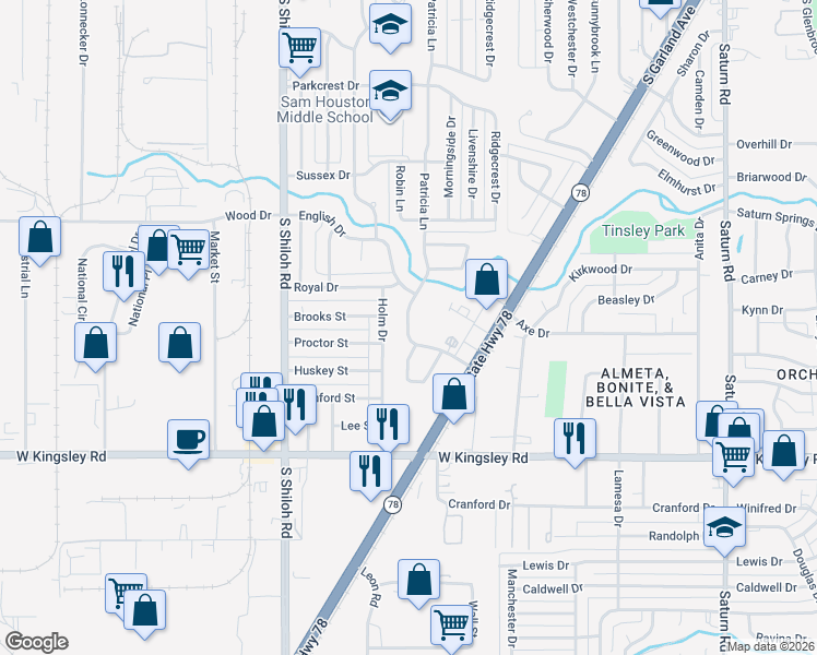 map of restaurants, bars, coffee shops, grocery stores, and more near 2804 Patricia Lane in Garland