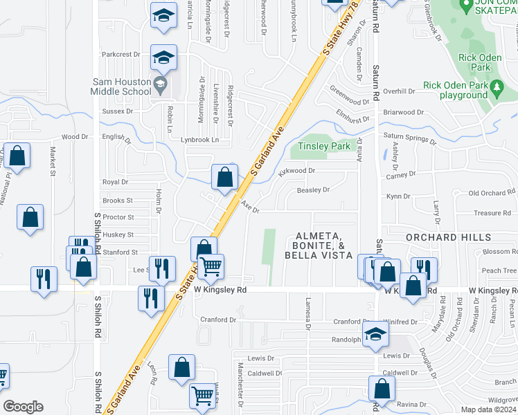map of restaurants, bars, coffee shops, grocery stores, and more near 1725 Axe Drive in Garland