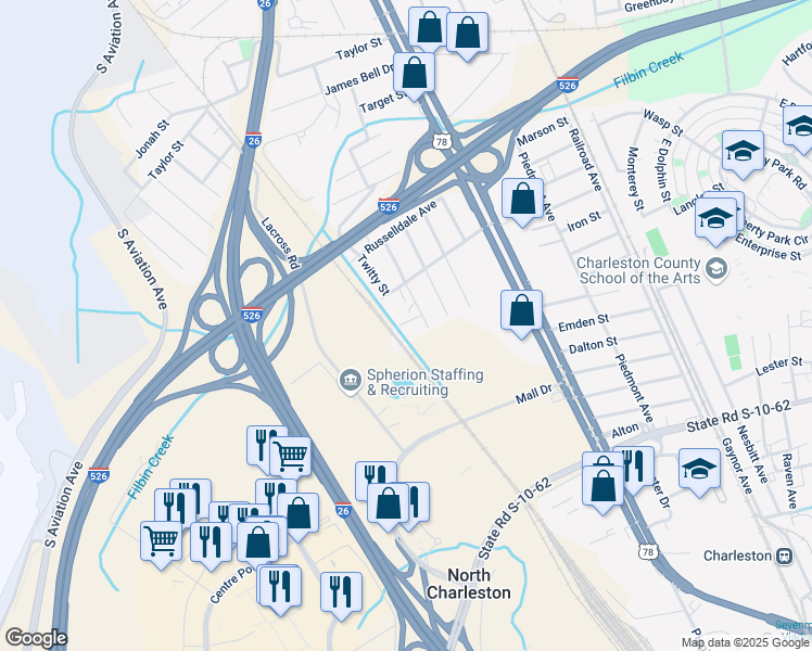 map of restaurants, bars, coffee shops, grocery stores, and more near 2267 Southern Street in Charleston