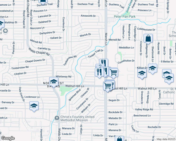 map of restaurants, bars, coffee shops, grocery stores, and more near 3629 Stables Lane in Dallas