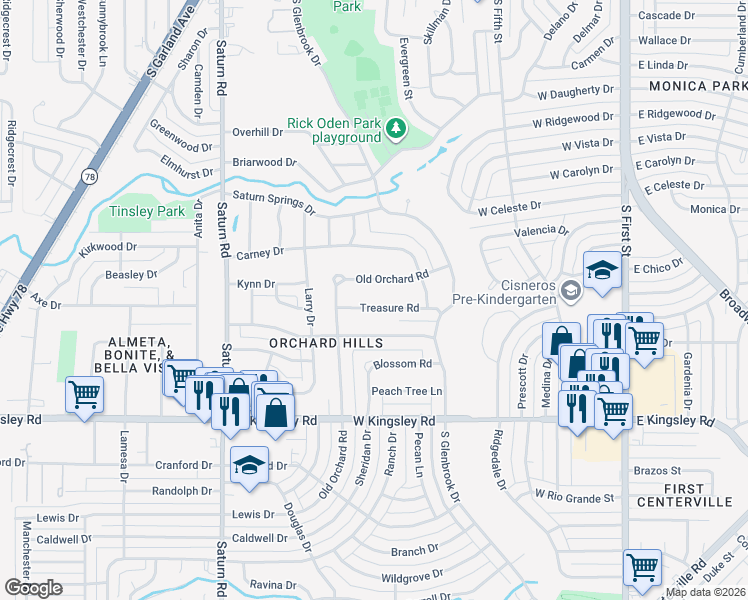 map of restaurants, bars, coffee shops, grocery stores, and more near 937 Treasury Road in Garland
