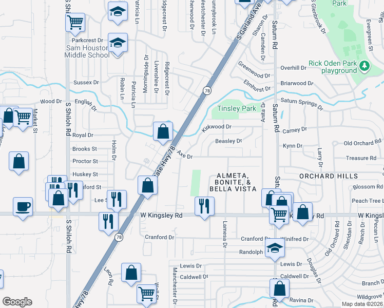 map of restaurants, bars, coffee shops, grocery stores, and more near 1725 Axe Drive in Garland