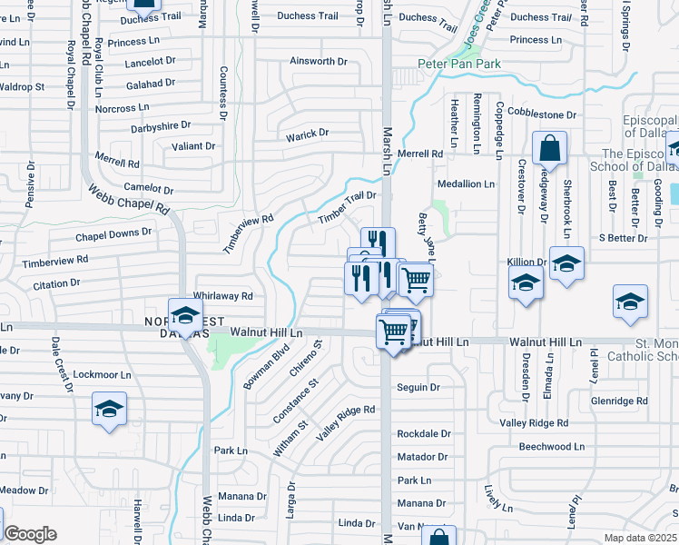 map of restaurants, bars, coffee shops, grocery stores, and more near 3653 Stables Lane in Dallas