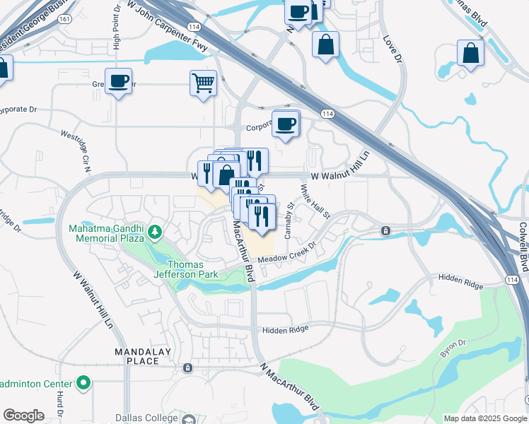 map of restaurants, bars, coffee shops, grocery stores, and more near 5342 Bond Street in Irving