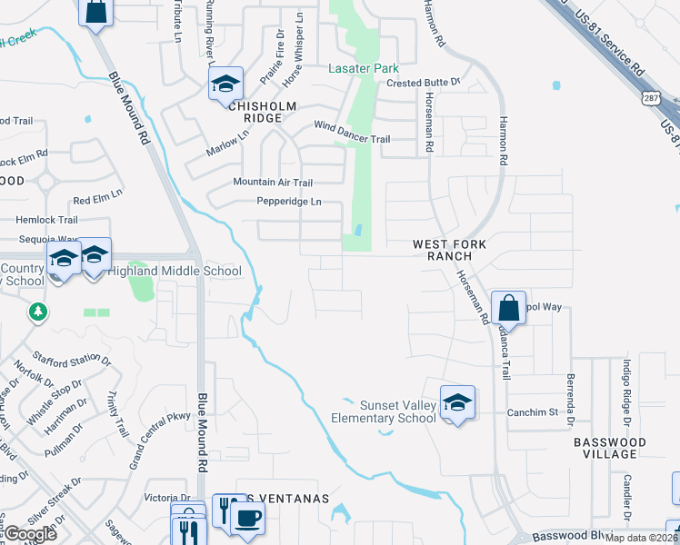 map of restaurants, bars, coffee shops, grocery stores, and more near 1424 Missionary Ridge Trail in Fort Worth