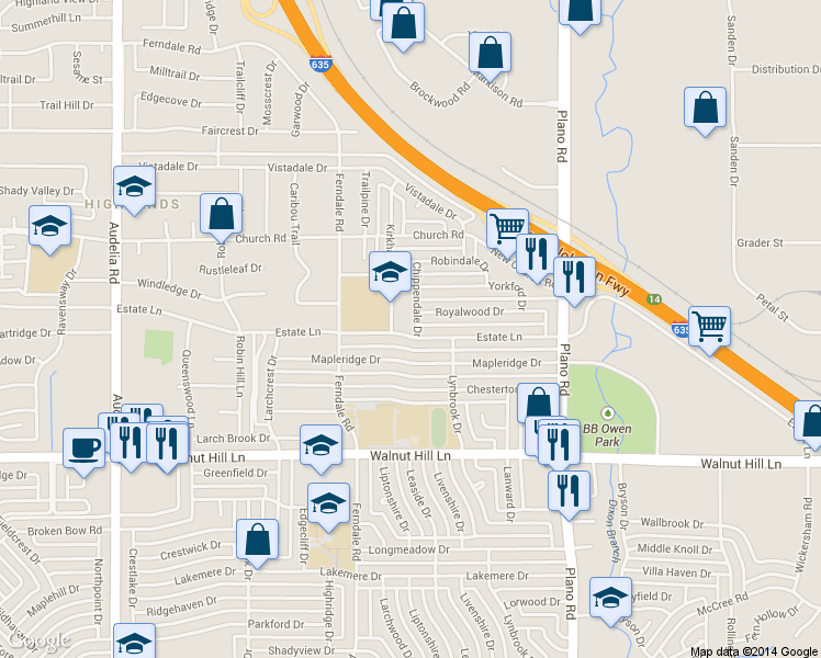map of restaurants, bars, coffee shops, grocery stores, and more near 10323 Estate Lane in Dallas