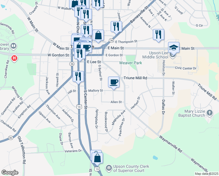 map of restaurants, bars, coffee shops, grocery stores, and more near 319 Mallory Street in Thomaston