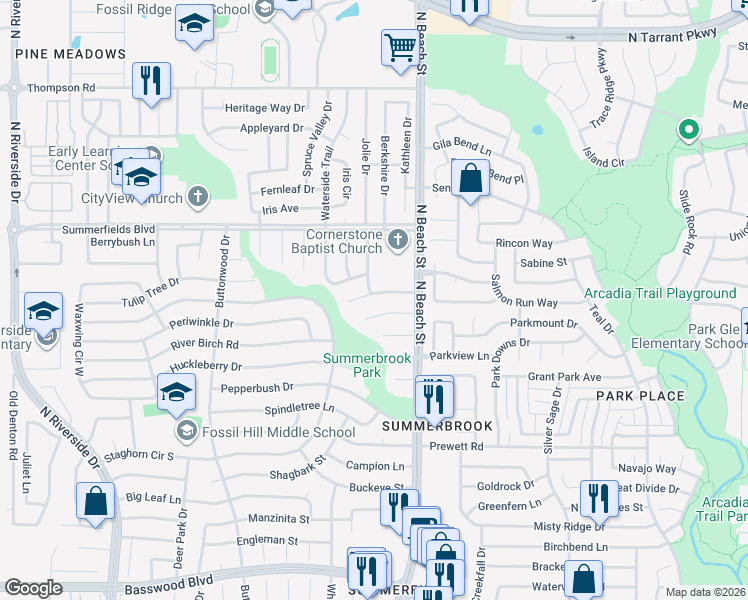 map of restaurants, bars, coffee shops, grocery stores, and more near 4400 Windwillow Court in Fort Worth