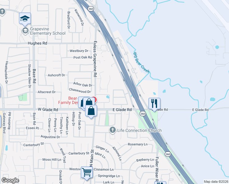 map of restaurants, bars, coffee shops, grocery stores, and more near 349 Hill Creek Lane in Grapevine