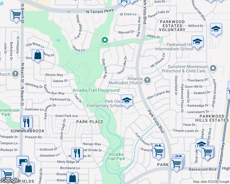 map of restaurants, bars, coffee shops, grocery stores, and more near 4921 Glen Springs Trail in Fort Worth