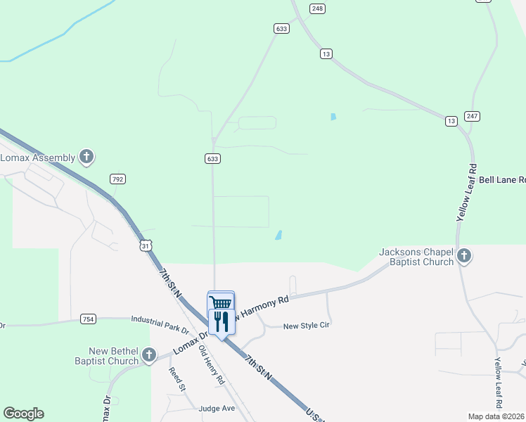 map of restaurants, bars, coffee shops, grocery stores, and more near 115 Crest Loop Road in Clanton