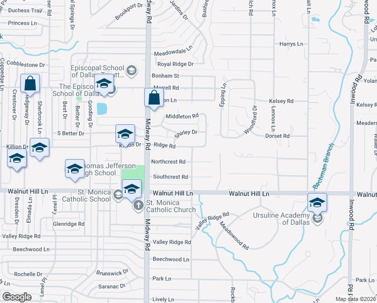 map of restaurants, bars, coffee shops, grocery stores, and more near 4323 Northcrest Road in Dallas