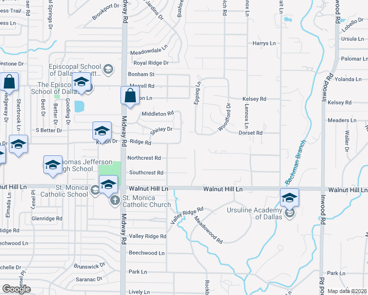 map of restaurants, bars, coffee shops, grocery stores, and more near 10027 Rock Hill Lane in Dallas
