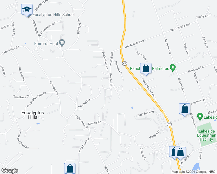 map of restaurants, bars, coffee shops, grocery stores, and more near 11330 Posthill Road in Lakeside