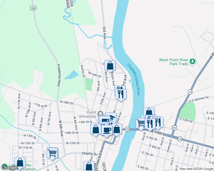 map of restaurants, bars, coffee shops, grocery stores, and more near 398 West 13th Street in West Point