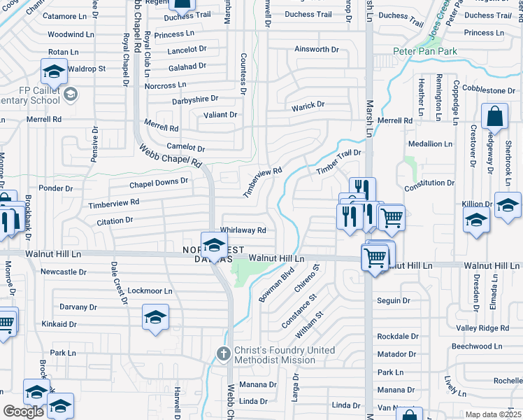 map of restaurants, bars, coffee shops, grocery stores, and more near 3497 Webb Garden Drive in Dallas
