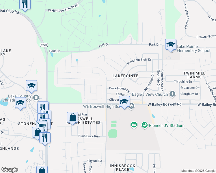 map of restaurants, bars, coffee shops, grocery stores, and more near 6048 Deck House Road in Fort Worth