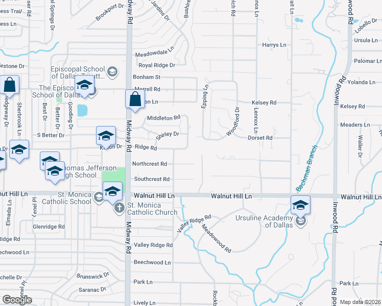 map of restaurants, bars, coffee shops, grocery stores, and more near 10027 Rock Hill Lane in Dallas