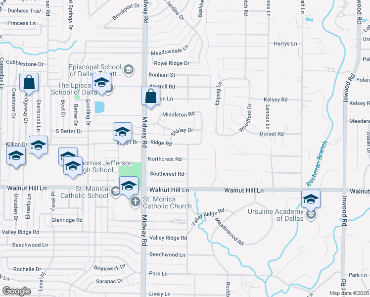 map of restaurants, bars, coffee shops, grocery stores, and more near 4323 Northcrest Road in Dallas