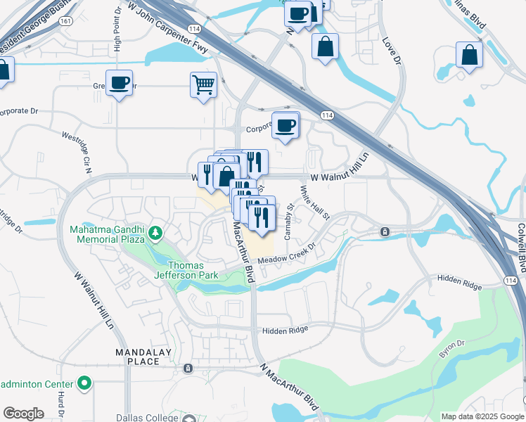map of restaurants, bars, coffee shops, grocery stores, and more near 5342 Bond Street in Irving
