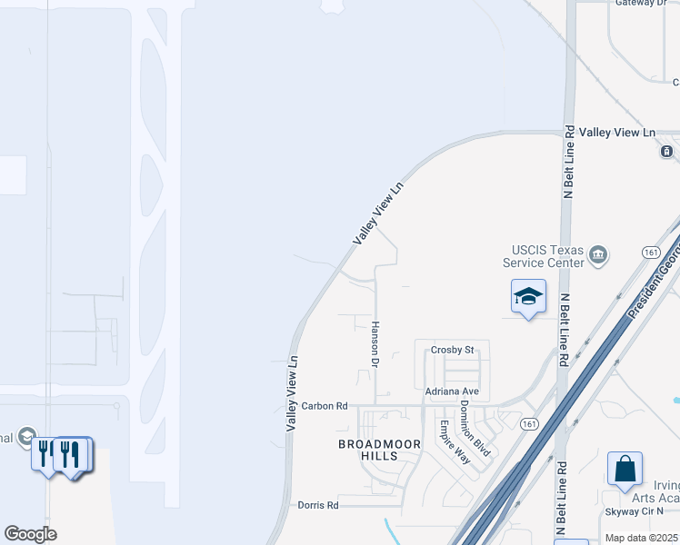 map of restaurants, bars, coffee shops, grocery stores, and more near 5110 Valley View Lane in Irving