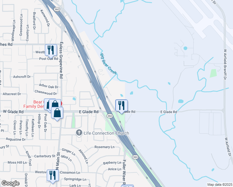 map of restaurants, bars, coffee shops, grocery stores, and more near 200 East Glade Road in Euless