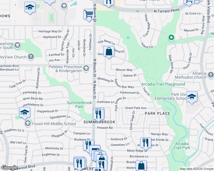 map of restaurants, bars, coffee shops, grocery stores, and more near 4620 Angelina Way in Fort Worth