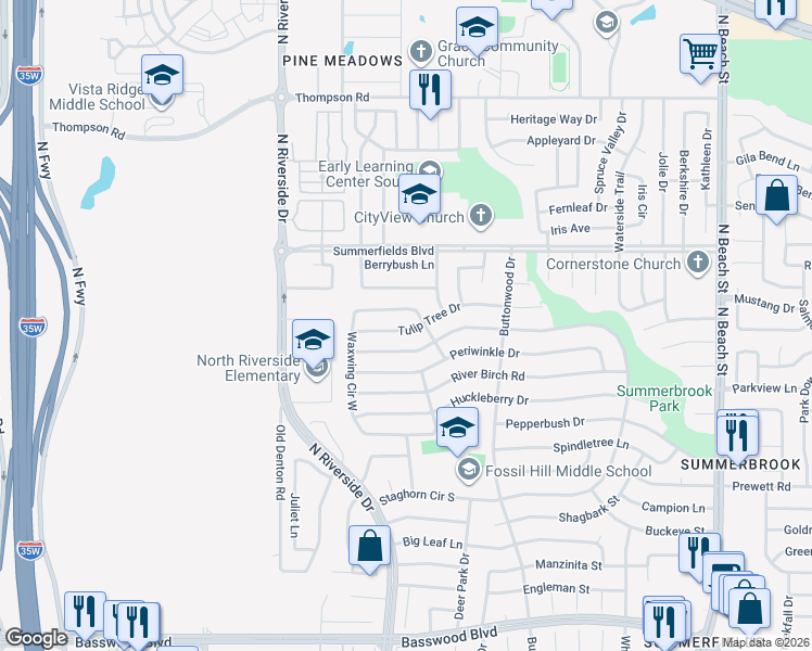 map of restaurants, bars, coffee shops, grocery stores, and more near 3812 Tulip Tree Drive in Fort Worth