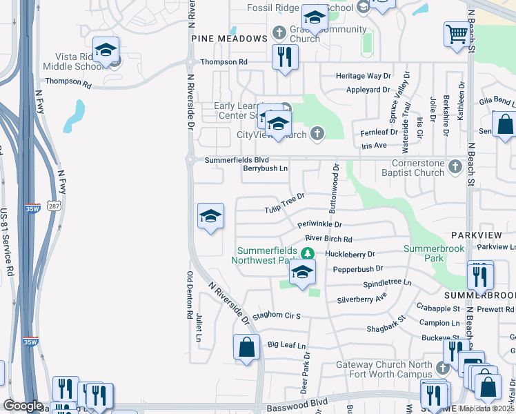 map of restaurants, bars, coffee shops, grocery stores, and more near 3712 Tulip Tree Drive in Fort Worth