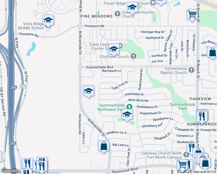 map of restaurants, bars, coffee shops, grocery stores, and more near 3712 Tulip Tree Drive in Fort Worth