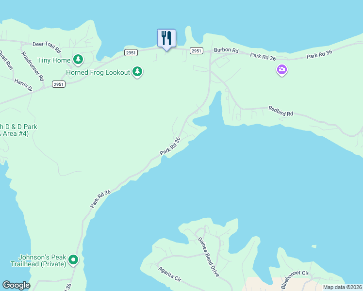 map of restaurants, bars, coffee shops, grocery stores, and more near 3071 Park Road 36 in Graford