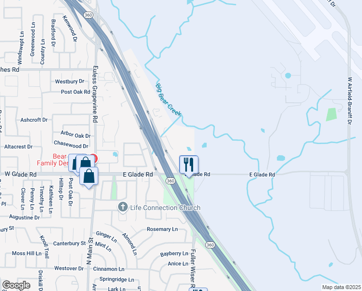 map of restaurants, bars, coffee shops, grocery stores, and more near 200 East Glade Road in Euless