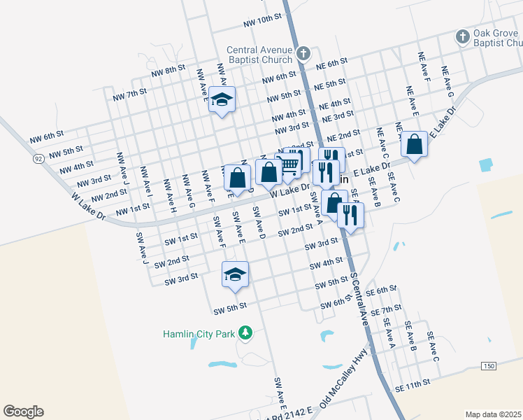 map of restaurants, bars, coffee shops, grocery stores, and more near 25 Southwest Avenue D in Hamlin