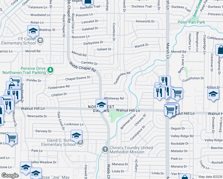 map of restaurants, bars, coffee shops, grocery stores, and more near 3463 Webb Garden Drive in Dallas