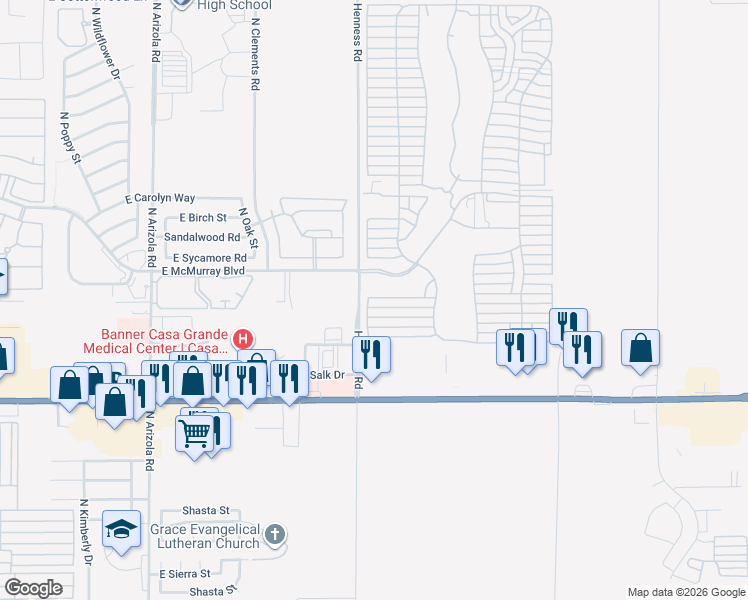 map of restaurants, bars, coffee shops, grocery stores, and more near 1878 East Salk Drive in Casa Grande