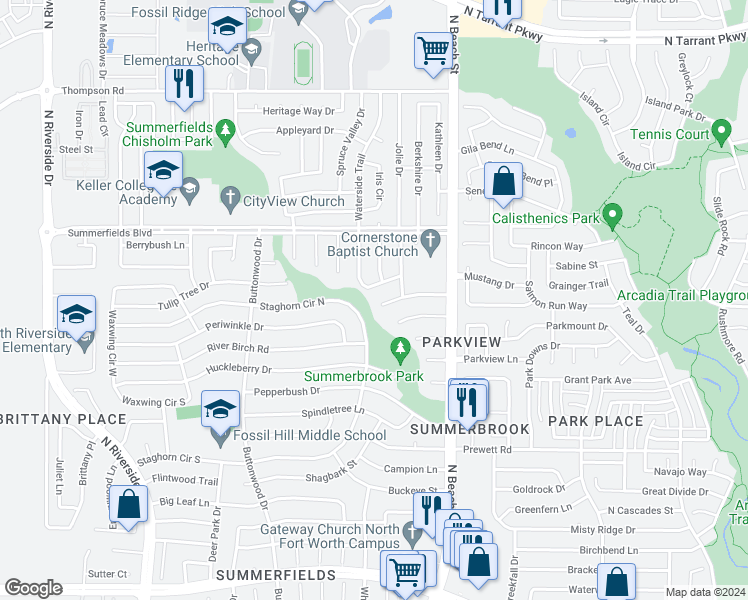 map of restaurants, bars, coffee shops, grocery stores, and more near 4301 Windwillow Court in Fort Worth